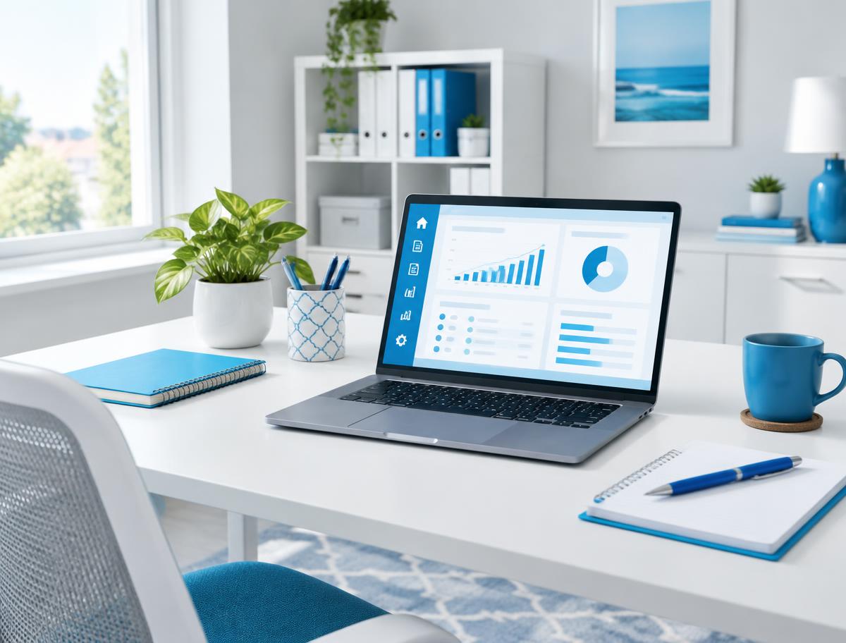 A tidy virtual bookkeeper's desk with a laptop showing clear financial reports